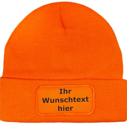 INDIGOS UG - Mütze Herren Winter orange Bedruckt mit Wunschtext oder Name - Strickmütze mit Patch - für Winter, Ski, Party, Apres-Ski - personalisiert selbst gestalten