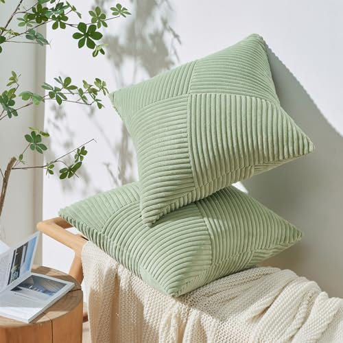 Topfinel Kissenbezug 40x40 Grün frühling Kordsamt 2er Set Windmühle Patchwork Kissenbezüge Kissenhülle Zierkissenbezüge für Sofakissen Dekokissen Wohnzimmer Bett Sofa Schlafzimmer Bett