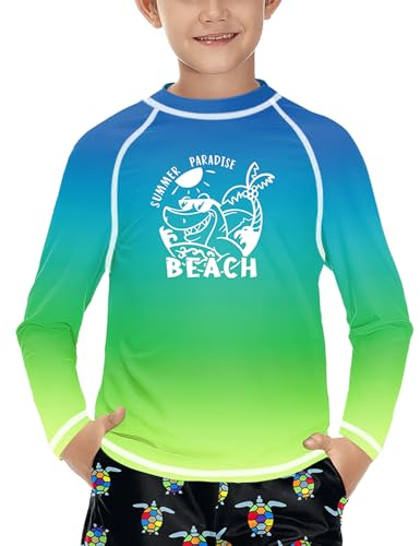 BesserBay Big Boys Long Sleeve Rash Vest UPF 50+ Swimming Shirt Crew Neck Swim Top Beach Blue Green 9-10 Years