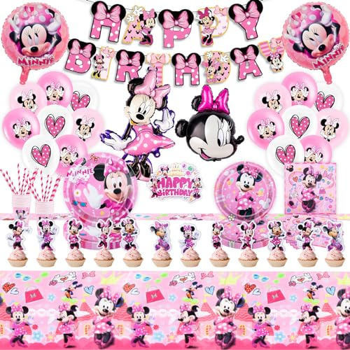 97PCS Minnie Pappteller Kindergeburtstag,Geburtstag Deko, Geburtstag Geschirr Set, Tortendeko Geburtstag, Becher Servietten Tischdecke Partygeschirr