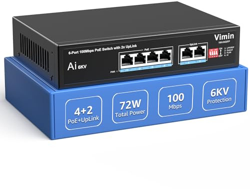 6-Port 100Mbps PoE Switch+2 Uplink, VIMIN 4-Port Unmanaged Network PoE Switch with 2 Uplink Ports, AI Watchdog, VLAN, Extend 250m, Support IEEE802.3af/at, 72W PoE Power
