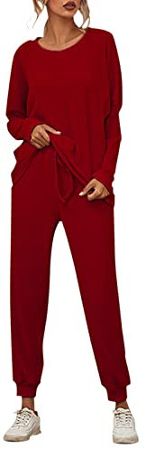 Hosenanzug für Damen und Mädchen 2024, modisch, einfarbig, Streifen, lockere Loungewear, langärmelig, Freizeitkleidung, Damen-Arbeitsanzüge, rot, 50