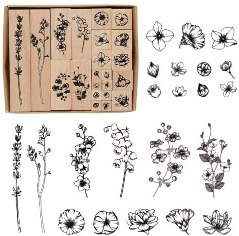 Blumen Stempel Set, 22 Stück Holz und Gummi Stempelset zum Basteln, Dekorativer Montierter Pflanzen Stempel