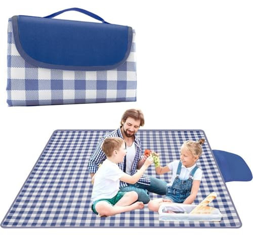 Roysmart Picknickdecke 200x200cm, Picknickdecke wasserdichte Stranddecke,Faltbar Picknick Decke Waschbar, Strandmatte Picnic Blanket für Outdoor,Picknick,Garten (Marineblau-weißes Karo)