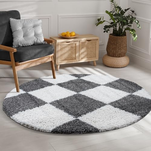 SANAT Milano Shaggy Teppich - Hochflor Teppiche für Wohnzimmer, Schlafzimmer, Küche - Grau Weiss, Größe: 150 cm Rund