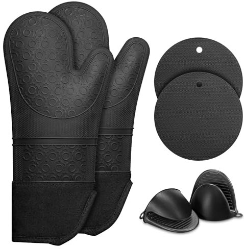 Oven Gloves, Sopito Set of 6 Silicone Heat Resistant Oven Mitts with Pot Holders for Kitchen Baking, Grilling and Microwave Use, Black