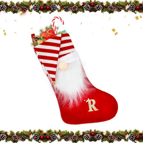 Alederways Weihnachtsstrümpfe, 55cm rote Mütze Monogramm gestrickt Xmas Santa Bart personalisierte bestickte Strümpfe für Weihnachtsbaum Dekor Kinder Erwachsene (R)