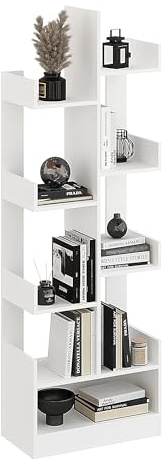 KOMTO Bücherregal Weiß in Baumform - Regal mit 9 Ebenen, Pflanzenregal, Standregal für Wohnzimmer, Kinderzimmer, Schlafzimmer | Pylos 60 x 180 x 32 cm