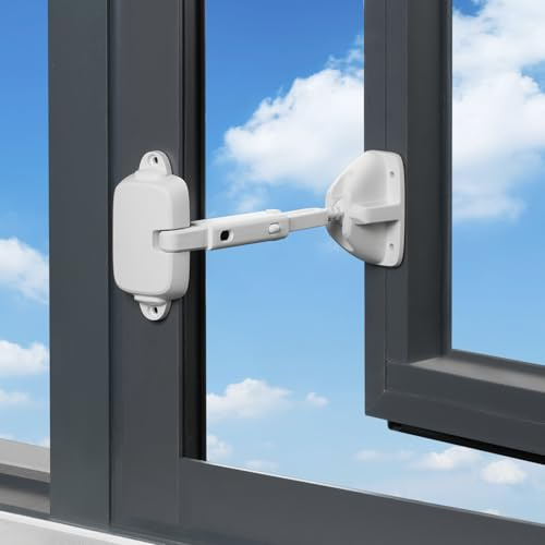 ANOMM Säkerhetsbegränsare för fönster, barnfönster säkerhetslås för barn, vit | Justerbart mellanrum fönsterbegränsare för UPVC, metall, träfönster, självhäftande, inga borrverktyg, fönsterlås för husdjur