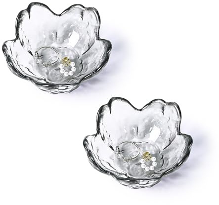 Koythin 2-teiliges Glas-Schmucktablett, Mini-Ringschale für Halskette, Ohrringe, Armband, niedliches Schmucktablett für Verlobung, Schminktisch, Badezimmer, Kristall-Blumenmuster, ästhetische