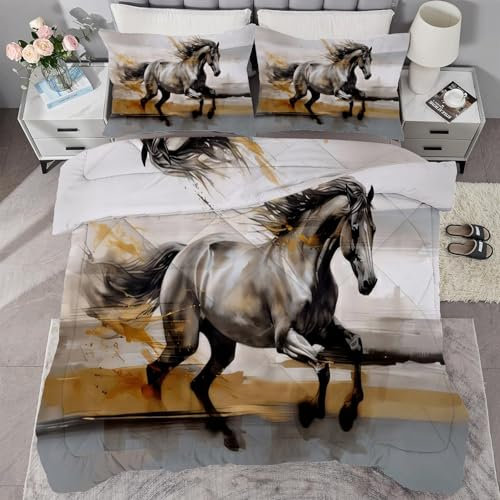 buyluhn Bettdecke 240x220 Schwarzes Pferd Ohne Bezug Nutzbar, 4 Jahreszeiten Bettdecken Aquarell Große Steppdecke Ganzjahresdecke, Waschbar Bettzeug mit 2 Kissenbezug für Sommer Winter Doppelbett