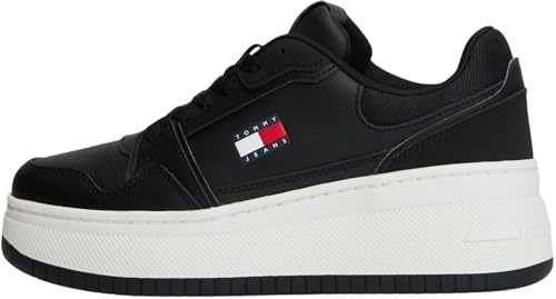 Tommy Jeans Donna Sneakers con Suola Alta Retro Basket in Pelle, Nero (Black), 38