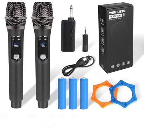 J.I.Y Wireless Microphones, UHF Dual Karaoke Microphone System, Microfonos Inalambricos with Rechargeable Receiver, Cordless Dynamic Mic Micro Set for Singing, Wedding, DJ, Party, Speech, Black