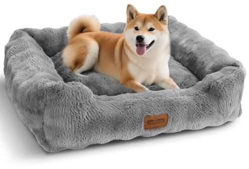 Nobleza Dog Bed Large, Ultra Soft Warm Dog Beds Large Washable, Fluffy 340GSM Bubble Fleece Dogs Bed with Removable Cover, Rectangle Pet Beds with Anti-Slip Bottom for Large Dogs, Grey, 75x65x20cm