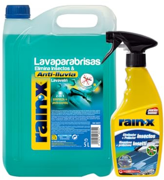 Rain-X Lavaparabrisas y Limpia Mosquitos Coche para Carrocería y Superficies– Protege de la Lluvia y Evita Restos de Insectos – Líquido Limpiaparabrisas 5 L + Eliminador de Mosquitos 500 ml