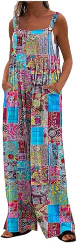 Dungarees for Women UK Clearance Snowflake Printed Square Neck Jumpsuit with Pockets Loose Casual Baggy Sleeveless Overall Long Jumpsuit Playsuit Trousers Pants Romper Overalls Workwear
