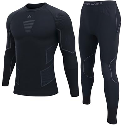 Pioneer Camp Set di biancheria intima termica da uomo, materiale traspirante e caldo, senza cuciture, perfetta vestibilità, biancheria intima da sci, adatto per diversi sport e tempo libero, Nero