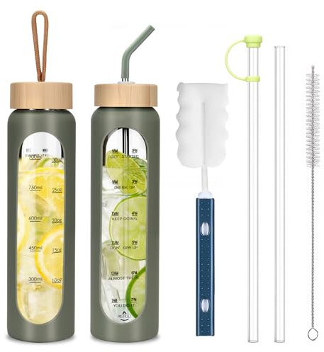 Dricksflaska I Glas 1000 Ml, Glasflaska med Bambulock, Glasflaska med Sugrör, Läckagesäker med Tidsminne och Silikonhölje, Lämplig för Kolsyrade Drycker, Vattenflaska för Drycker Som Läsk och Cola