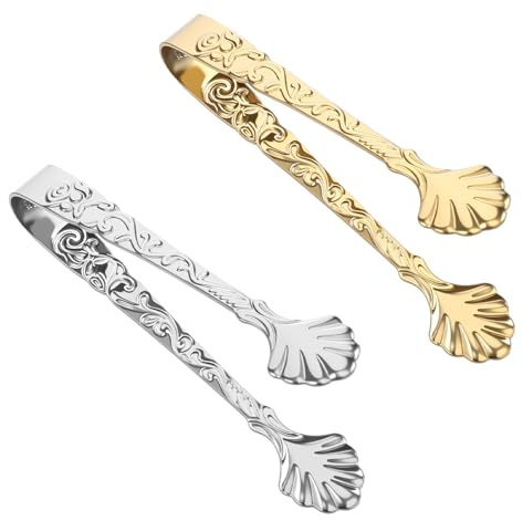 Ymapinc Rose Relief Handle Mini Cubes Sugar Tongs,2Pcs 304 Stainless Steel Ice Tong Gold & Silver Vintage Tea Tongs Small Serving Tong for Sugar Cubes Tea Coffee Appetizers Desserts for Salad Food