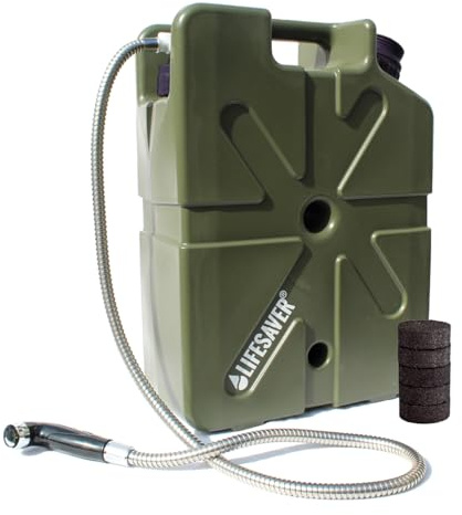 LifeSaver® Jerrycan Starter Pack | 20,000 litre Water Purifier with Shower Attachment and Spare Carbon Filters | Camping, Overlanding, Vanlife, Caravanning & Prepping (Green)
