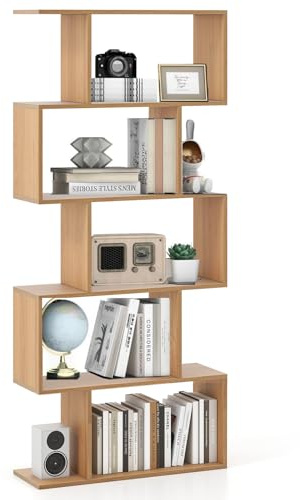 SFAREST 5/6 Tier Bookcase, S-Shaped Bookshelf(Natural,70 x 24 x 158cm) | Wooden Freestanding Shelving Display Storage Organizer Unit for Living Room Study Room Office