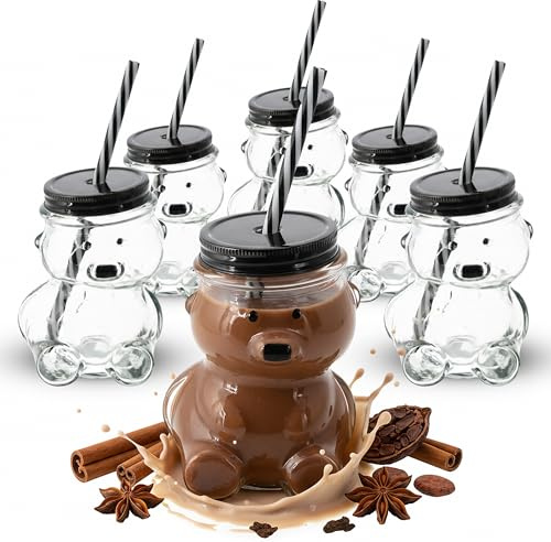 Novaliv 6x Tassen Glühwein 300 ml Personalisierte Weihnachtstasse mit Trinkhalm - Bär als Glühweinbecher - Bärchen Motiv Tasse Tannenbaum Weihnachtstassen Handwärmer mugs