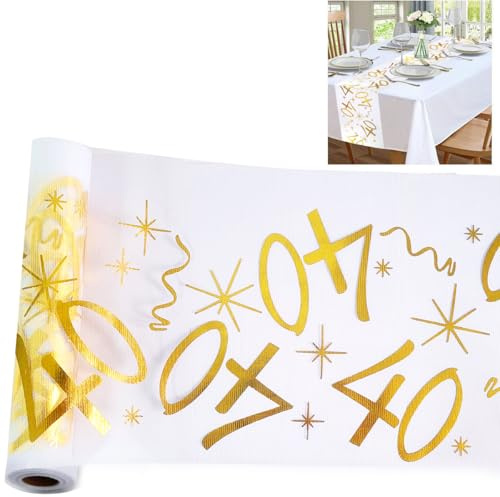 Ruayia Tischläufer 40 Geburtstag, Tischdeko Tischläufer Gold Rolle 28cm*10m, 40 Jahre Deko Tischdeko Geburtstag, Zuschneidbar Frau Mann, Tischdecke für Geburtstags Jahrestag Feier Party