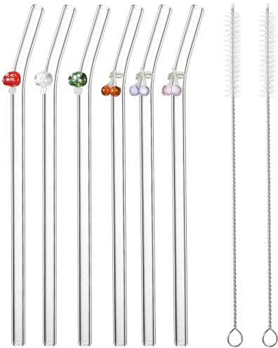 POPETPOP Pajitas de Vidrio Reutilizables Curvadas 6 Unidades con Dijes de Hongos y Cerezas Colores Aleatorios Incluye 2 Cepillos de Limpieza Transparentes y Seguras para Color Aleatorio