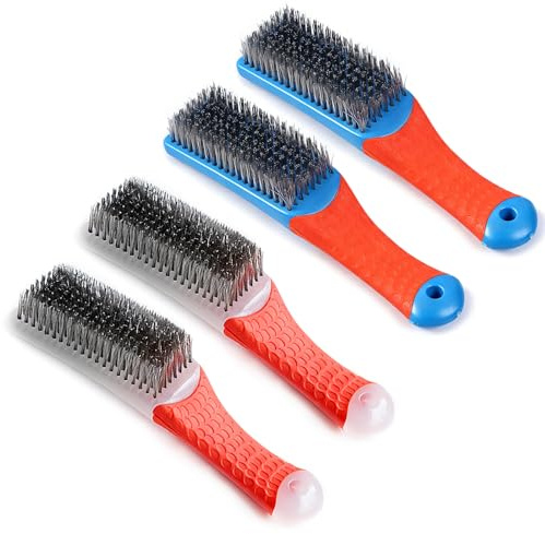 4 Pcs Wire Brushes Steel Brushes Heavy Duty Carbon Steel and Stainless Steel Wire Scratch Brush with Rubber Covered Handle