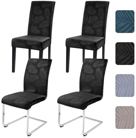 Alishomtll Stretch Stuhlhussen 4er Set, Kurzflor Blatt Stuhlbezug Schwarz | Universal Elastische Stuhlhussen Schwingstuhl, Abnehmbar Waschbarer Hussen für Stühle für Esszimmer Hotel Bankett