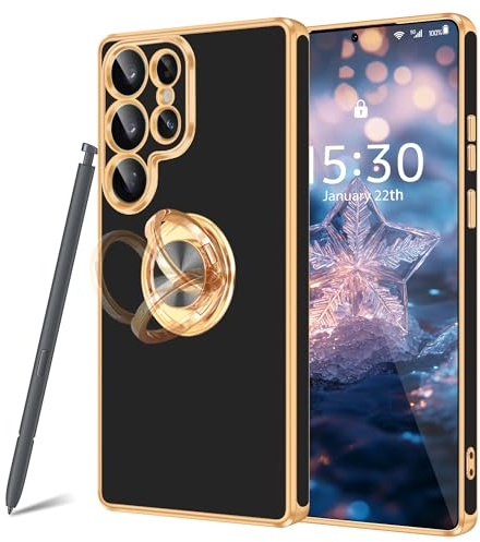 Fingic for Samsung Galaxy S26 Ultra Case, 360° Rotatable Ring Holder Magnetic Kickstand Luxury Gold Edge Slim Soft TPU Shockproof Protective Phone Case for Women Men for Galaxy S26 Ultra 6.9, Black