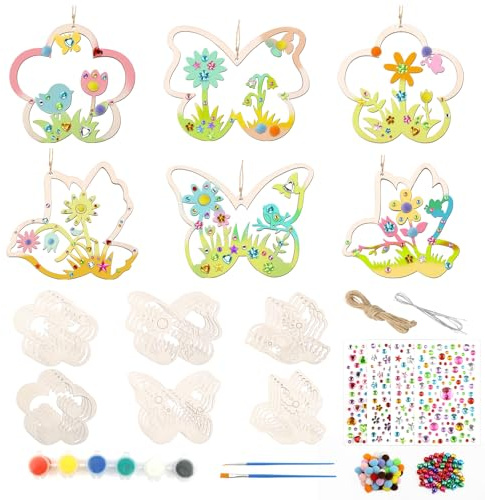 Binlava 133 Stück Bastelsets Kinder 6 7 8 9 10 Jahre, Bastelset Mädchen, Basteln Frühling kinder, Schmetterling Blume Vogel Holzanhänger zum Bemalen, DIY Basteln für Ostern
