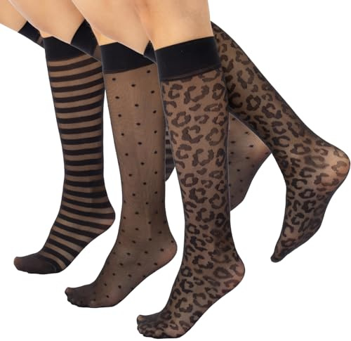 CALZITALY 3 PARES Calcetines mujer, Mini medias transparentes, Talla Unica, Made in Italy (FR/ES, Letras, Talla única, Regular, Regular, Medias hasta la rodilla-lunares, rayas, estampado de leopardo)