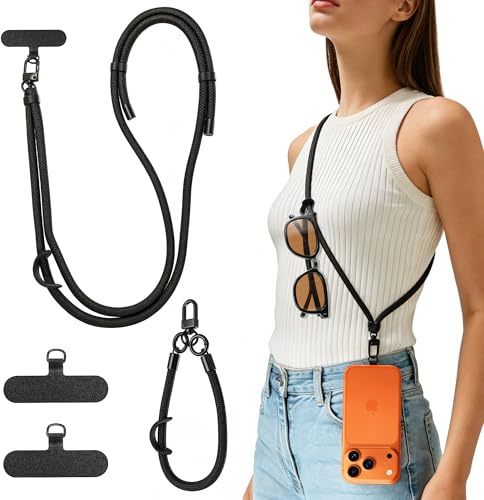 2er Set Handykette Universal, enthält verstellbares Handyband zum Umhängen und Handykette kurz Handschlaufe, Mit 2 Handy Lanyard Patches und robustem Haken für Kopfhörer, Brillen, Schlüssel, Schwarz