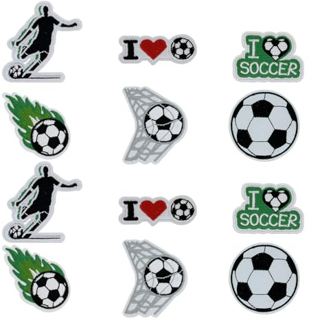 JOVYTH 12 Stück Fußball Aufnäher zum Bügeln, 6 verschiedene Motive, Stickerei Patches für Rucksack, Jeans und Schals, Selbstklebend oder Bügelbar, Ideal für Fans
