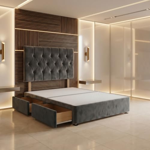Bed Centre Charcoal Plush Fabric Divan Base Plus Matching Headboard3ft 4ft 4ft6 5ft 6ft (4FT (Small Double))