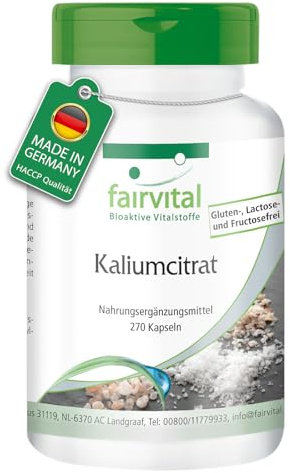 fairvital Citrate de potassium en gélules, HAUTEMENT DOSÉ, 300mg de potassium par gélule, VÉGÉTALIEN, Potassium Citrate, 270 gélules