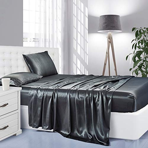 Lanest Housing Satinlakan i siden 4 delar set queen size djupa fickor, kylande satinlakan, mjukt, allergivänligt, queen size-säng, grå