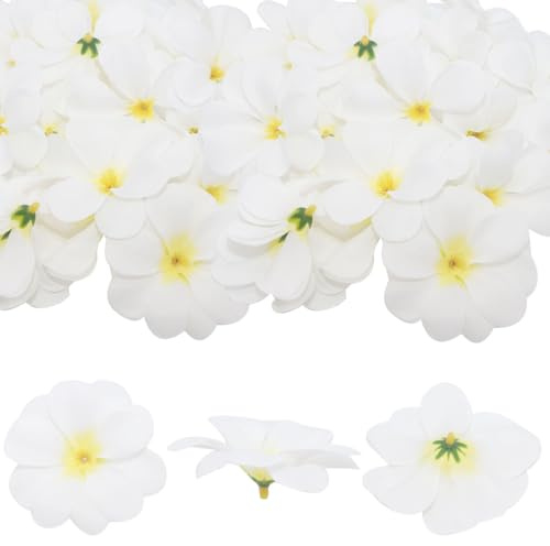 FZBNSRKO 100 Pcs 2.8 Hawaiian Plumeria Frangipani Flower Heads Artificial Flower Heads for Wedding Flowers Garland DIY Jewelry Hair Clips Headbands Accessories(White and Yellow)