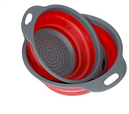 Passoire de cuisine pliable en silicone avec poignées pour égoutter les fruits et légumes (S + L) (rouge)