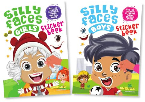 Anilas Set of 2 Funny Faces Sticker Book & Colouring Activity Book, Themes include Unicorns, Dinosaurs, Pirates, Space, Princess, Mermaid, Knights, Diggers, Ideal for Children aged 3-8(Funny Faces)