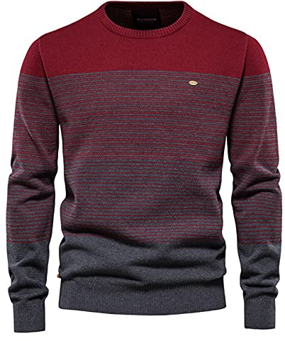 BeerMmay Herren Pullover Slim Gestreifter Kontrast Pullover Rot XL Casual Top