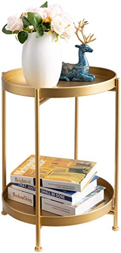 HollyHOME Tavolino Rotondo Piccolo Oro Tavolino da Salotto Metallo Tavolino Basso 2 Ripiani Comodino Camera da Letto Tavolino da Divano per Soggiorno Balcone Patio, Dorato