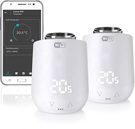 Eurotronic 700200 Comet Wifi 2021 termostato per radiatori (riscaldamento tramite WLAN, risparmio di costi, regolazione flessibile della temperatura ambiente, accessori Smart Home, confezione da 2)