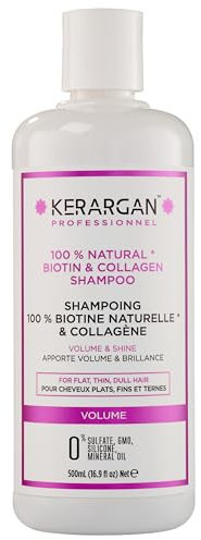 Kerargan - Shampoo Volumizzante alla Biotina & Collagene - Per Capelli Piatti, Sottili, Opachi - Fortificante, Lucente, Idratante - Senza Solfati, GMO, Silicone, Olio Minerale - 500ml