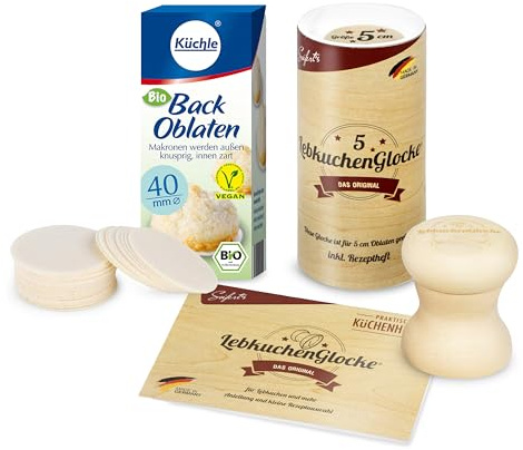 Backen Lebkuchenglocke Backset für Kinder & Erwachsene | aus Ahornholz 4cm und Küchle Backoblaten Bio & vegan Größe 40mm Makronen, Lebkuchen & Amerikaner