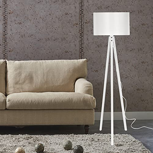 Lampe sur Pied Stylé Lampadaire Trépied MDF PVC Textile Douille E27 Hauteur 136 cm Blanc