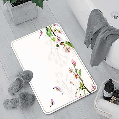 Badematte rutschfest, Badteppich für Badezimmer,Aquarell, Apfelbaum blüht in der Frühjahrssaison Zweige fallen Blätter romantisch dekor,Waschbar Badezimmerteppich für Wohnzimmer Schlafzimmer 60x100 cm