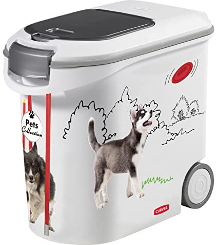Curver Futterbehälter für Hunde – 35 l/12 kg – Pets Collection – luftdichte Aufbewahrung gegen Gerüche für Hundefutter – Behälter mit Rollen – 28 x 49 x 43 cm