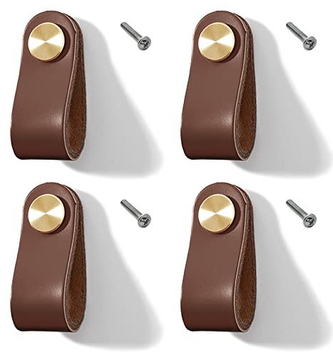 Lawen Creative 4 Maniglie Per Mobili Per Porte In Vera Pelle e Rivetti in Ottone (Marrone, Foro Singolo)